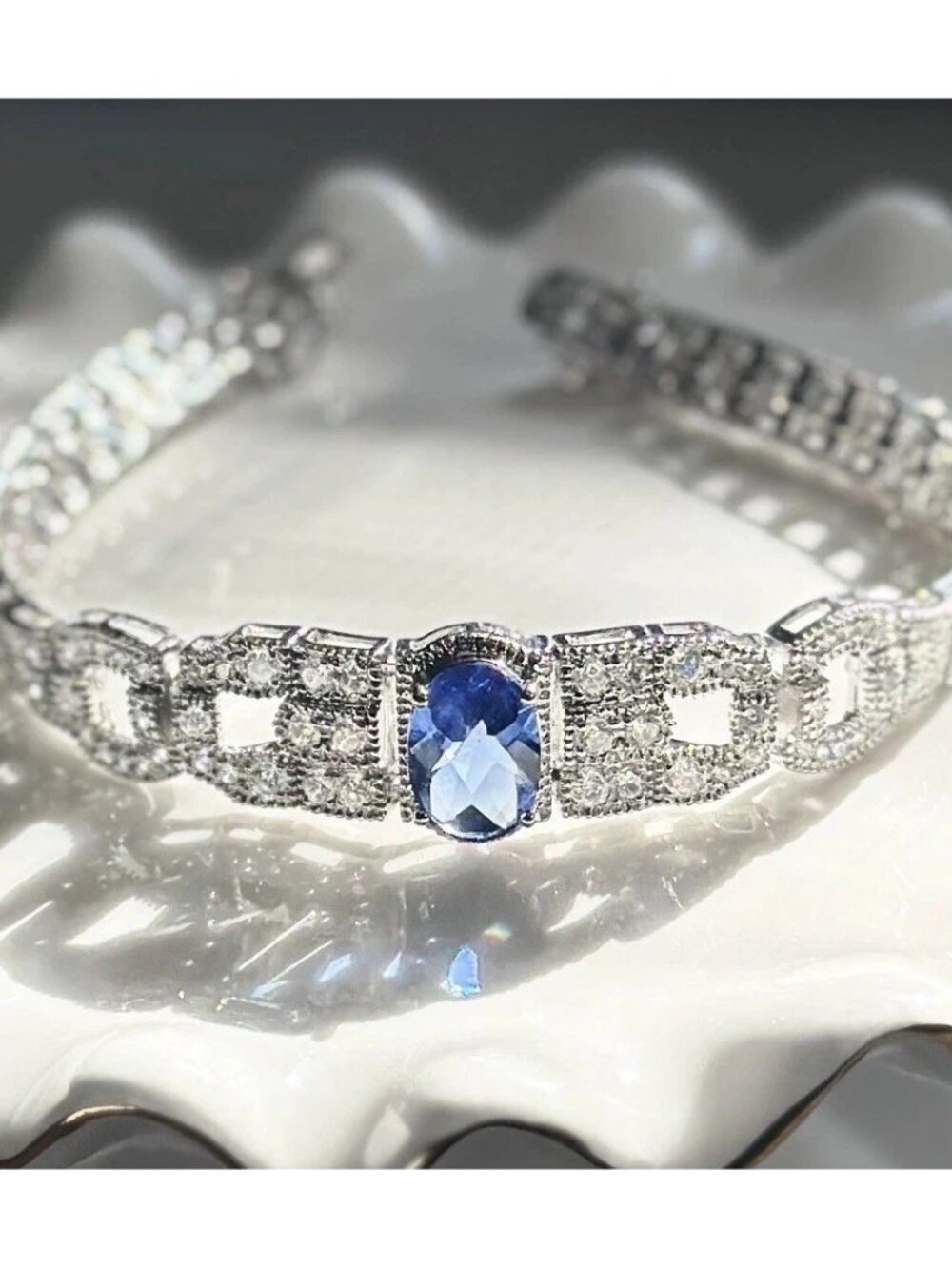 Art Deco Style Tennis Bracelet, Blue & Clear Rhinestones, Milgrain Look, 8 in